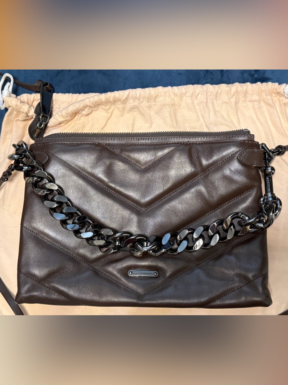 Rebecca Minkoff Edie Women’s Dark Brown Leather Shoulder Bag with Chain Strap